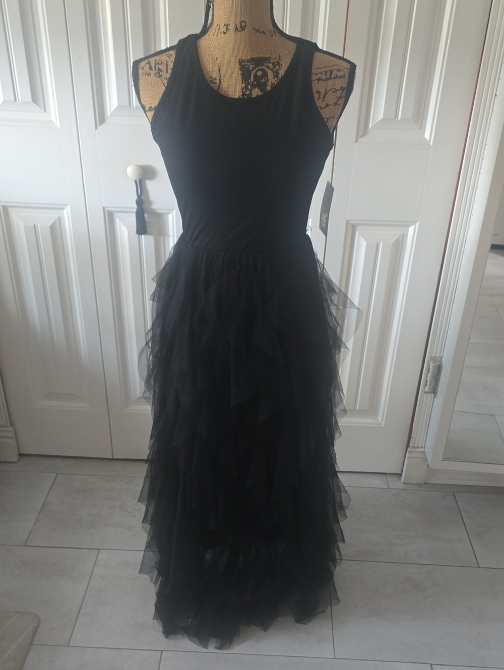 Elegant Black Ruffled Maxi Dress with Ribbed Tank Bodice